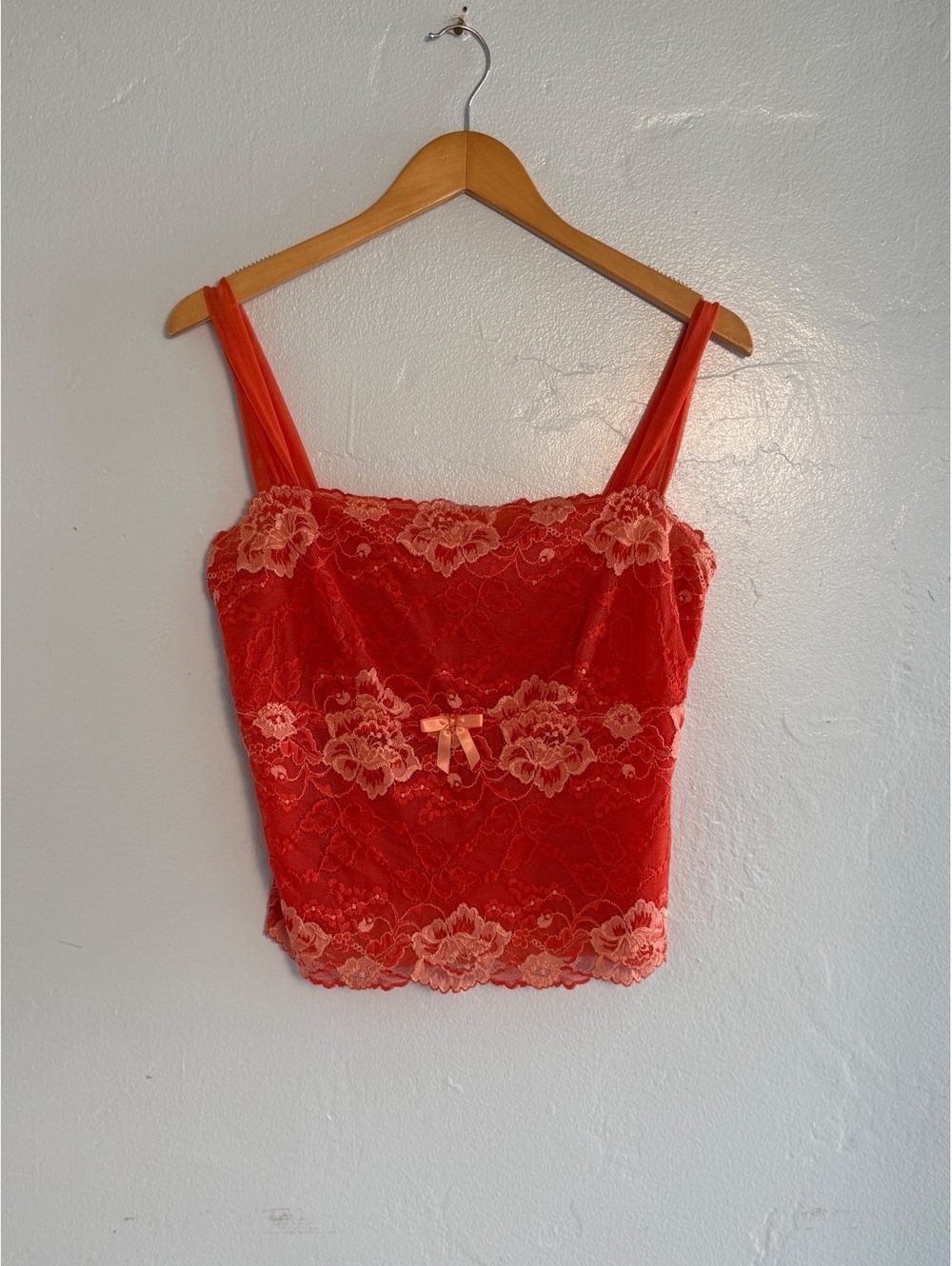 Arianne Red Lace Camisole Top with Peach Floral Details and Bow Accent, Size LG
